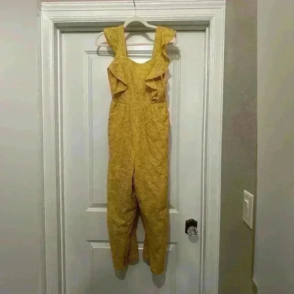 MINKPINK size small yellow embroidered floral jumpsuit with ruffles and pockets - Picture 7 of 9